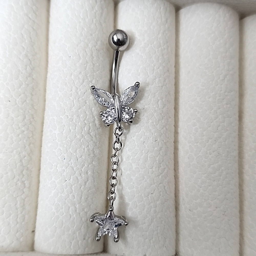BUTTERFLY DANGLE STAR  BELLY BUTTON RING Multi GEMS